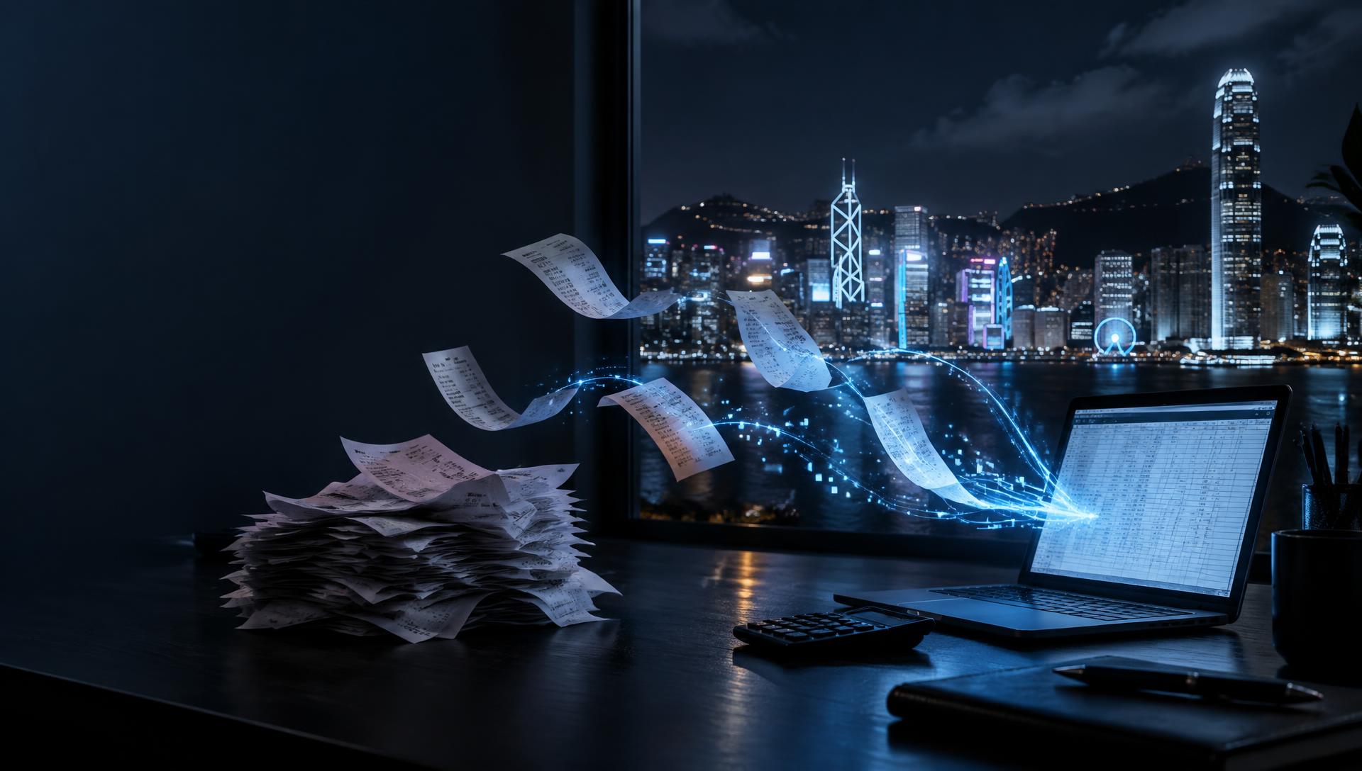 Receipts on an accountant's desk turning into data flowing into a laptop ledger, Victoria Harbour at night
