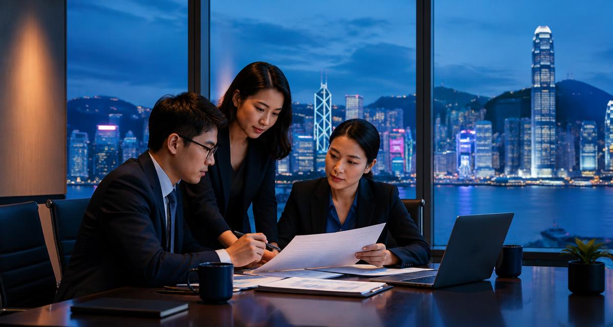 Accountants reviewing documents with the Hong Kong skyline behind